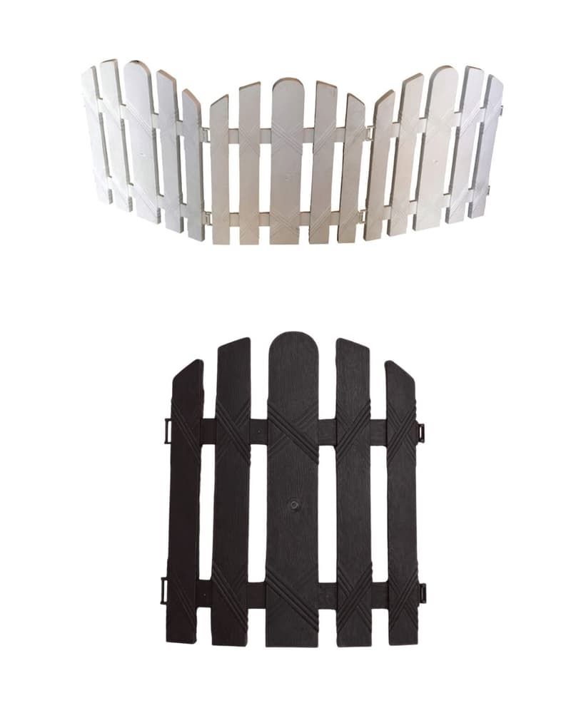 Recycled plastic garden edging panels — white picket-style edging and dark brown picket fence section