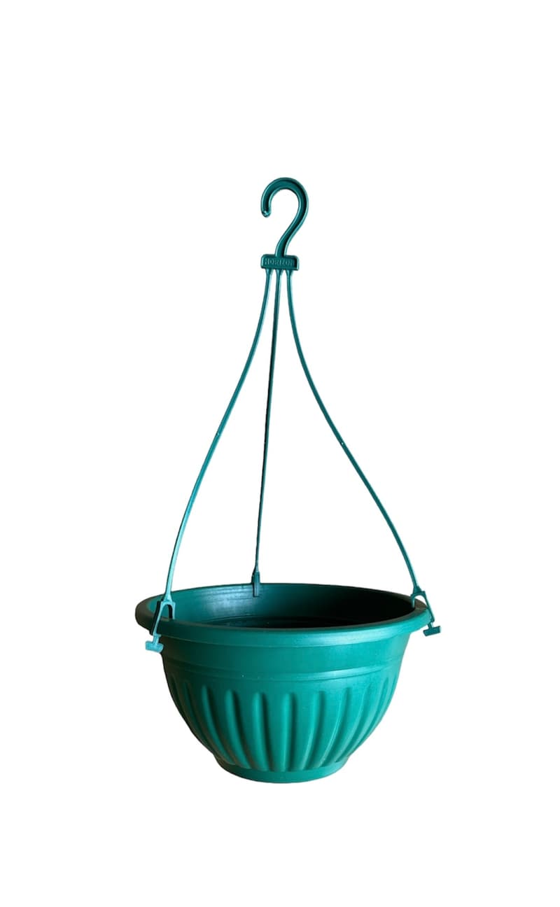 Green recycled plastic hanging basket with fluted sides and clip-on hanger for garden retail